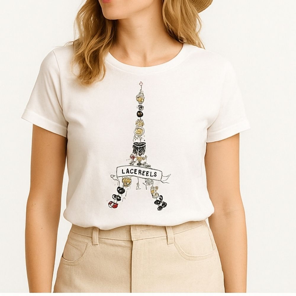 Karl Lagerfeld Paris White Graphic Tee Shirt S Eiffel Tower Iconic Parisian Chic